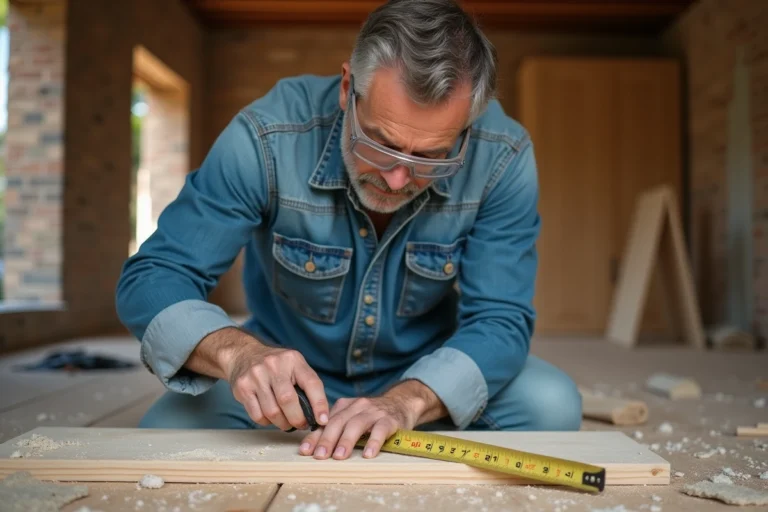 Homme mesurant une planche en bois lors de travaux de rénovation intérieure dans un salon en chantier