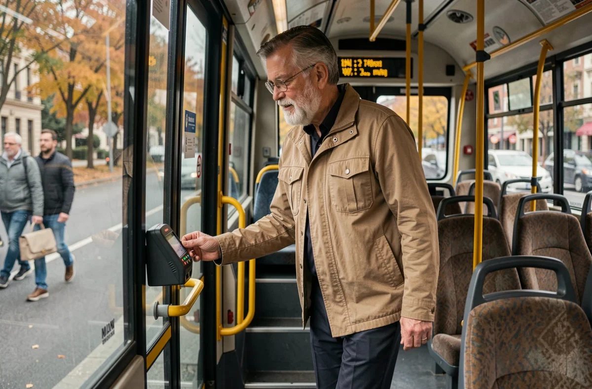 Un homme senior utilisant sa carte de transport en validant son titre de transport dans un bus urbain