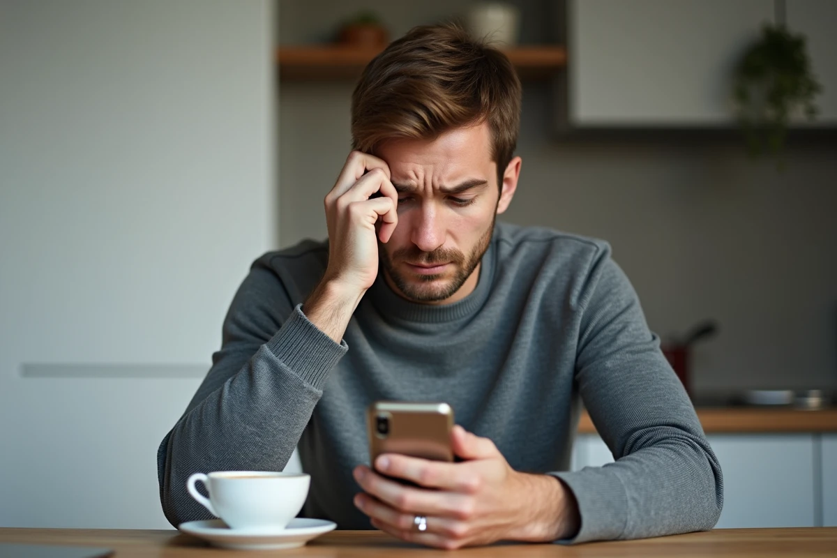 Homme inquiet découvrant une vidéo volée sur son smartphone dans un appartement, illustrant les démarches légales en France