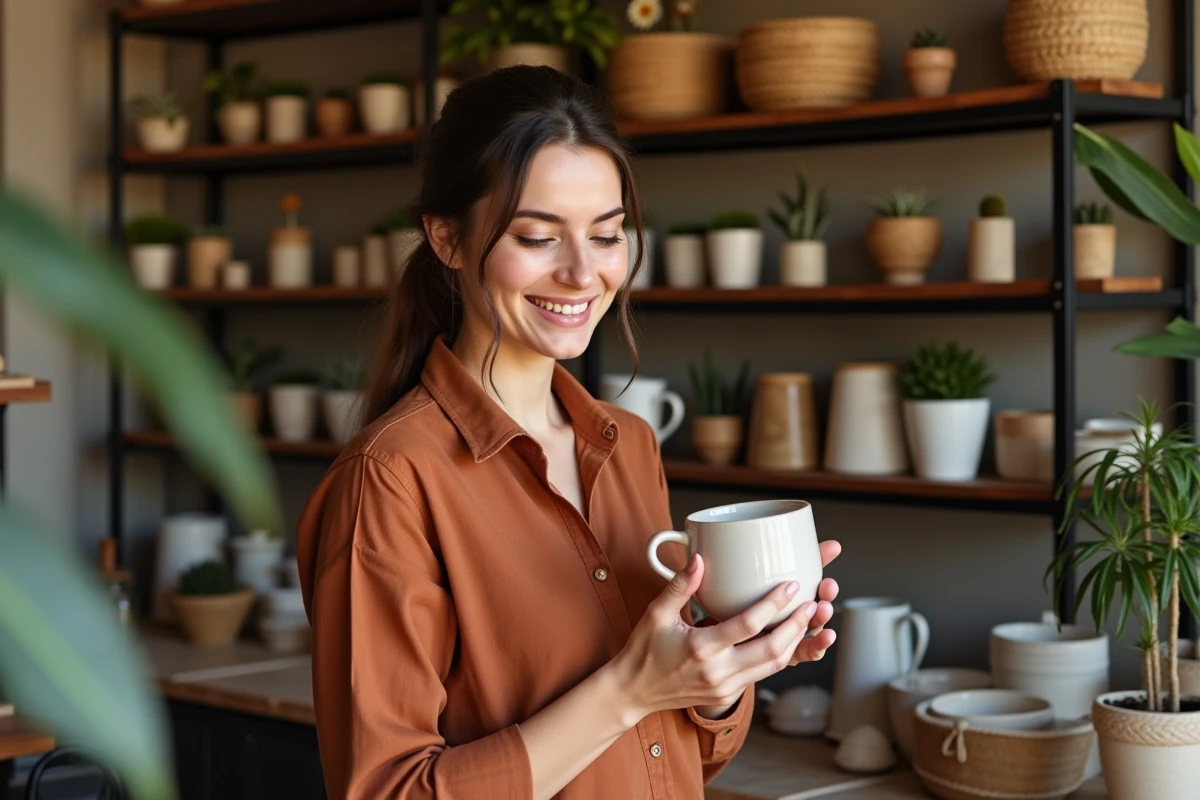 Femme découvrant un cadeau artisanal unique dans une boutique tendance aux rayonnages bien garnis