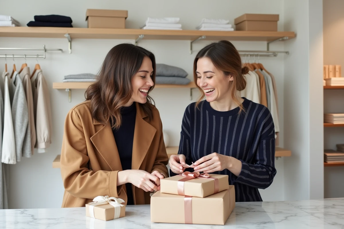 Deux amies découvrant des idées cadeaux tendances dans un concept store minimaliste et moderne