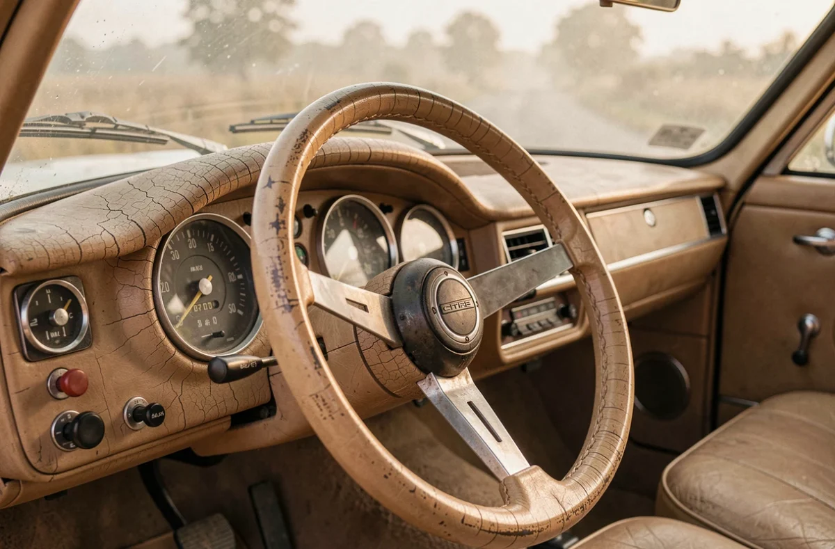 Intérieur rétro d'une Citroën DS vintage avec tableau de bord en cuir patiné et volant ovale iconique