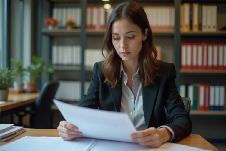 Jeune femme examinant des documents académiques dans un bureau universitaire pour une démarche de validation de titre professionnel