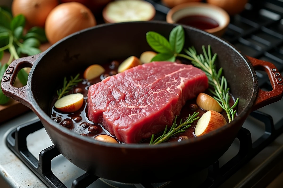 Langue de bœuf crue dans une cocotte en fonte avec légumes aromatiques et vin rouge pour braisage