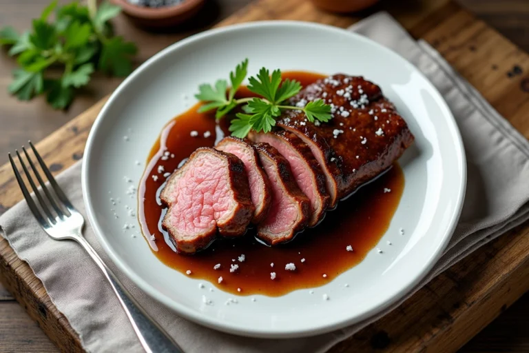 Langue de bœuf glacée et tranchée servie sur assiette blanche avec sauce brune et persil frais