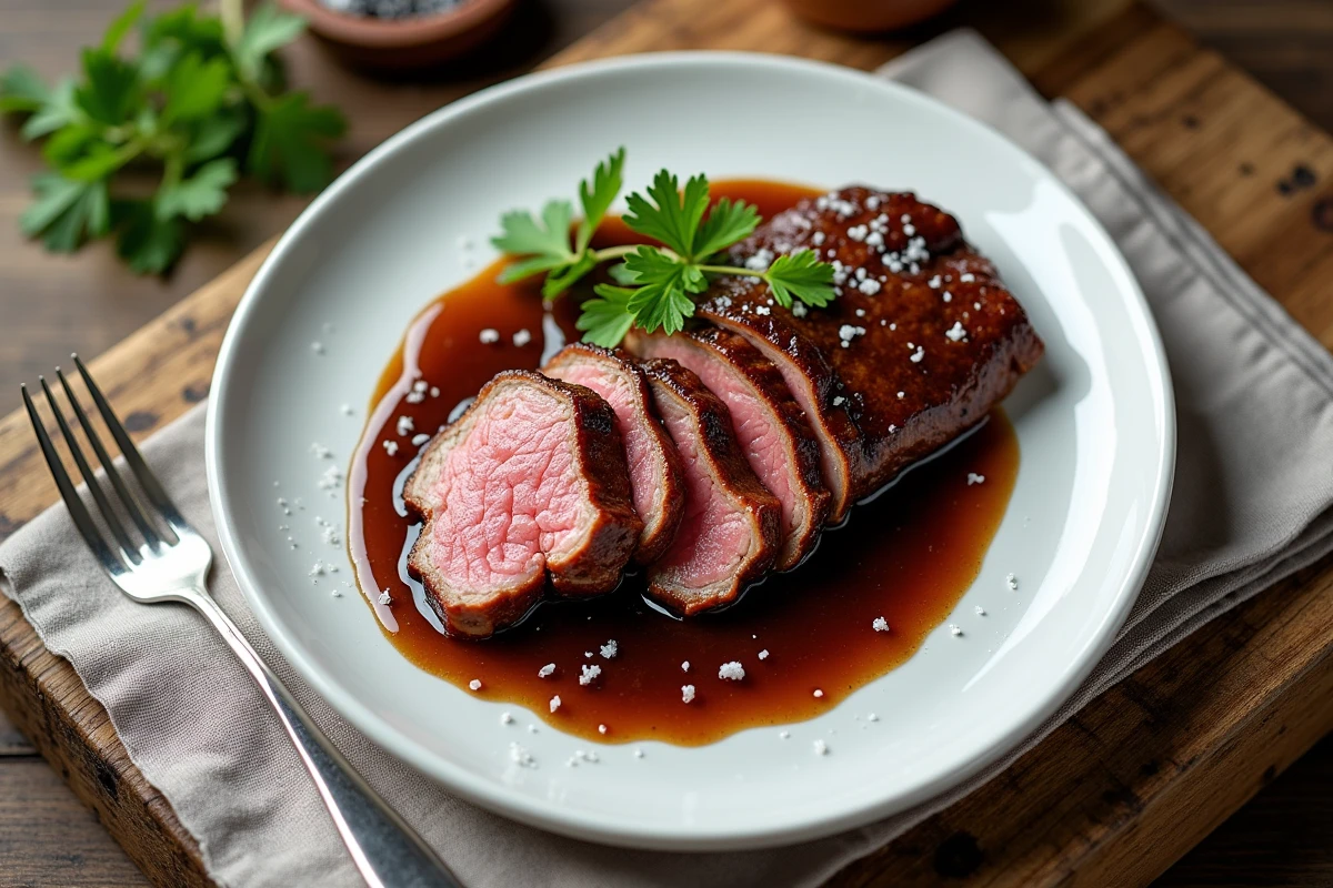 Langue de bœuf glacée et tranchée servie sur assiette blanche avec sauce brune et persil frais