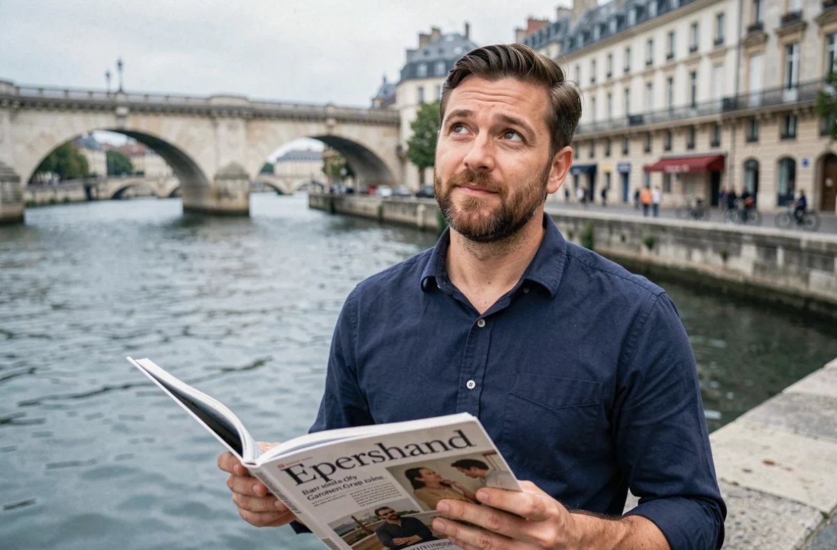 Lecteur d'Epershand Magazine au bord de la Garonne à Bordeaux, tenant le magazine avec une expression réfléchie