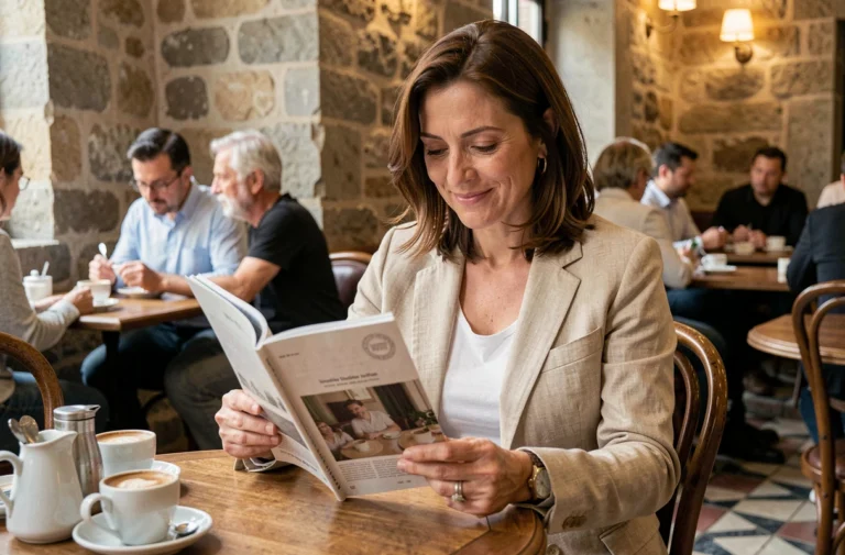 Lectrice d'Epershand Magazine attablée dans un café bordelais, feuilletant le magazine avec un sourire naturel