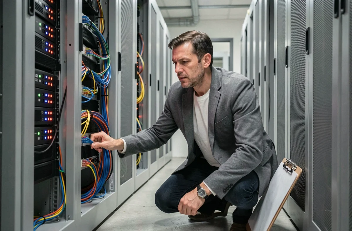 Consultant informatique effectuant une maintenance de serveurs dans la salle informatique d'une PME