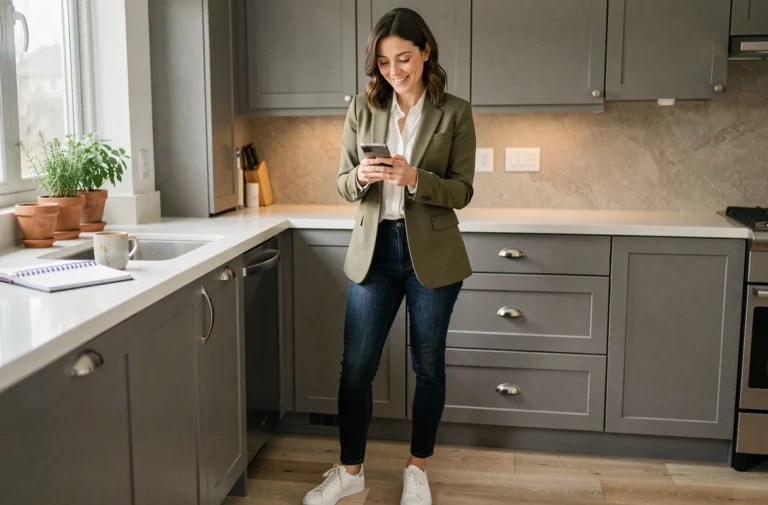 Maman moderne et active consultant son smartphone dans une cuisine contemporaine bien organisée