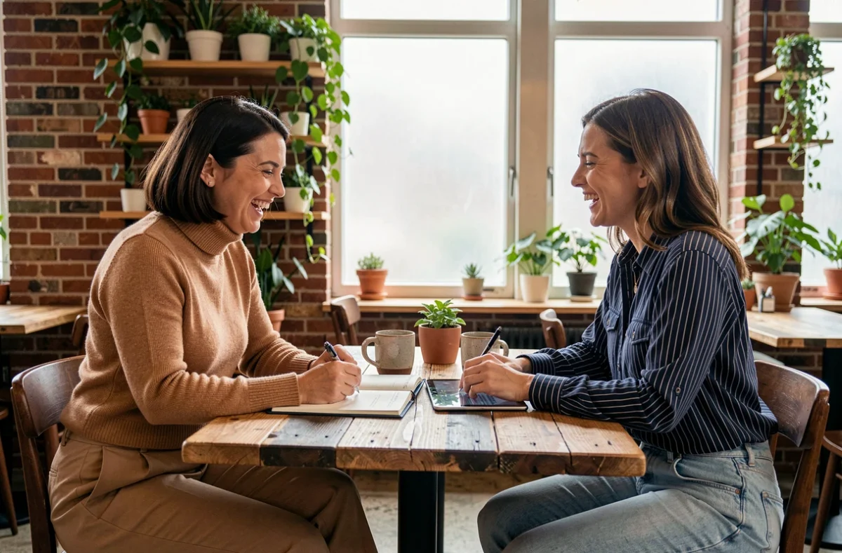 Deux mamans modernes partageant des conseils et des inspirations autour d'un café dans un espace cosy