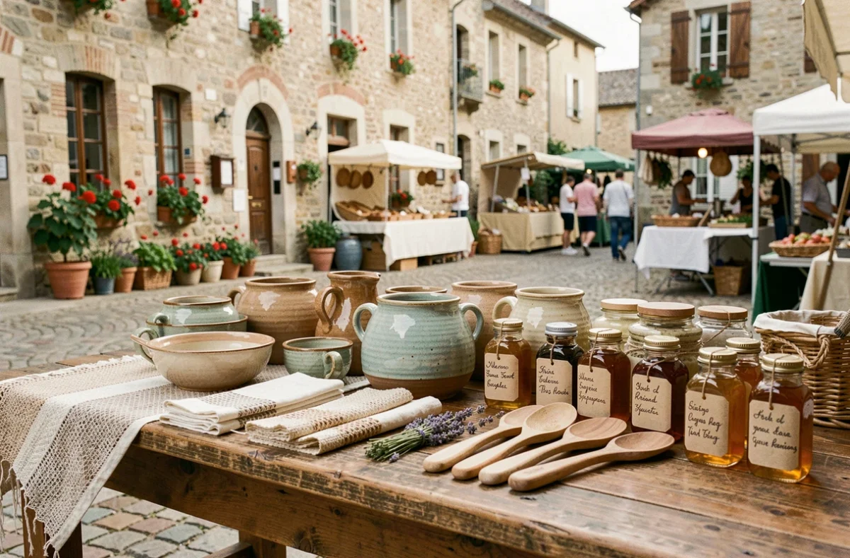 Étalage de créations artisanales françaises sur un marché de village provençal avec poteries, lin et miel artisanal