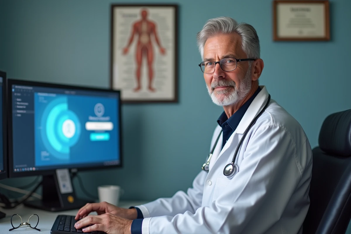 Médecin généraliste accédant à un logiciel de santé numérique sur un poste de travail informatique dans son cabinet de consultation