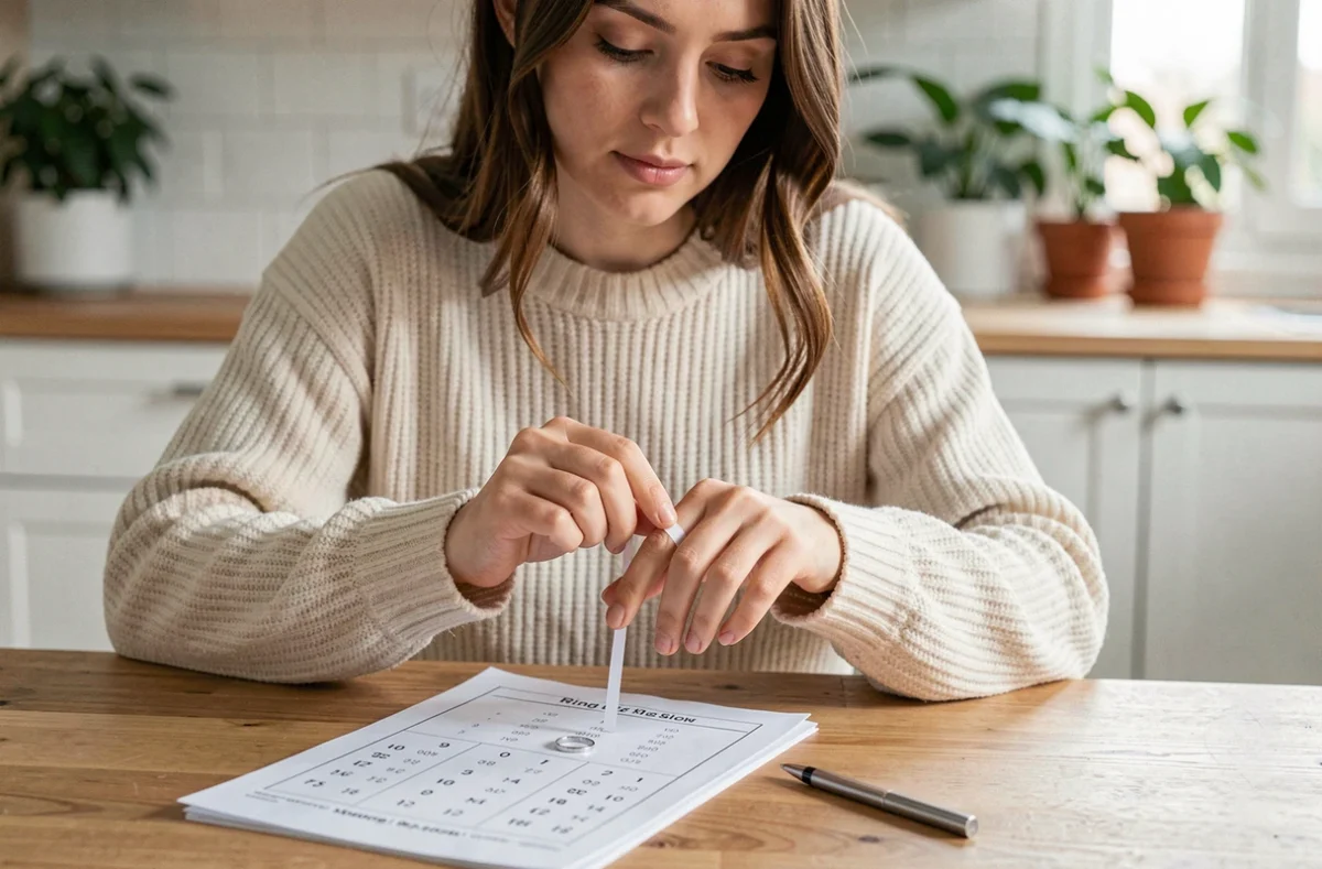Femme mesurant la taille de son doigt avec une bandelette de papier pour trouver la correspondance taille 9 en mm