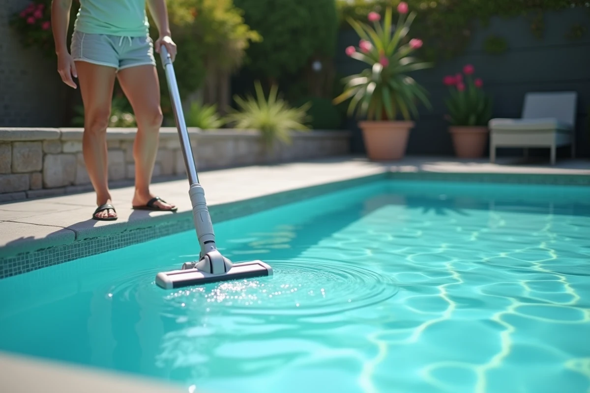 Femme utilisant un balai aspirateur sur le fond d'une piscine extérieure avec un manche télescopique