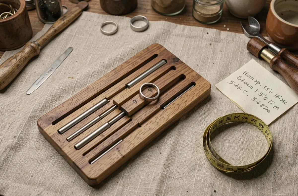 Outil de mesure de taille de bague en bois avec mandrin gradué indiquant la taille 9 en millimètres sur tissu lin