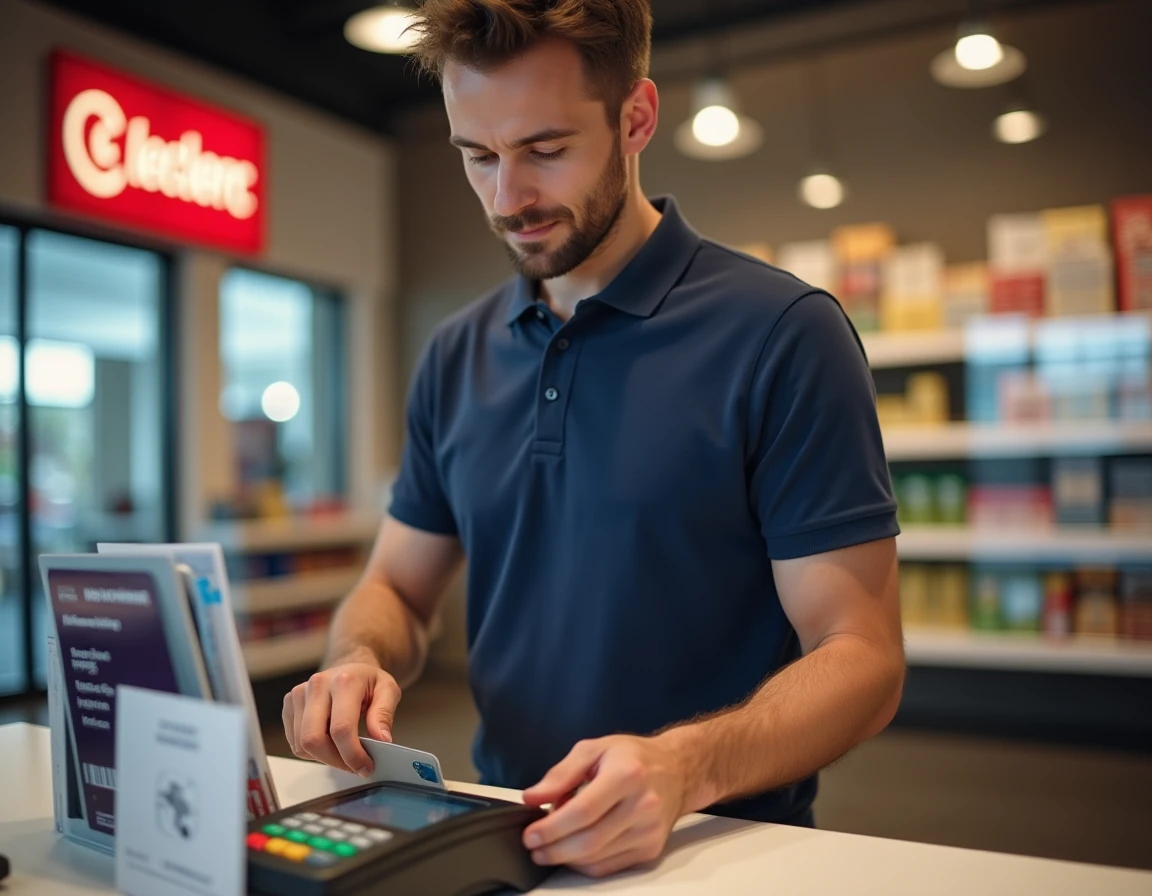 Homme insérant sa carte bancaire dans un terminal de paiement au service client Leclerc