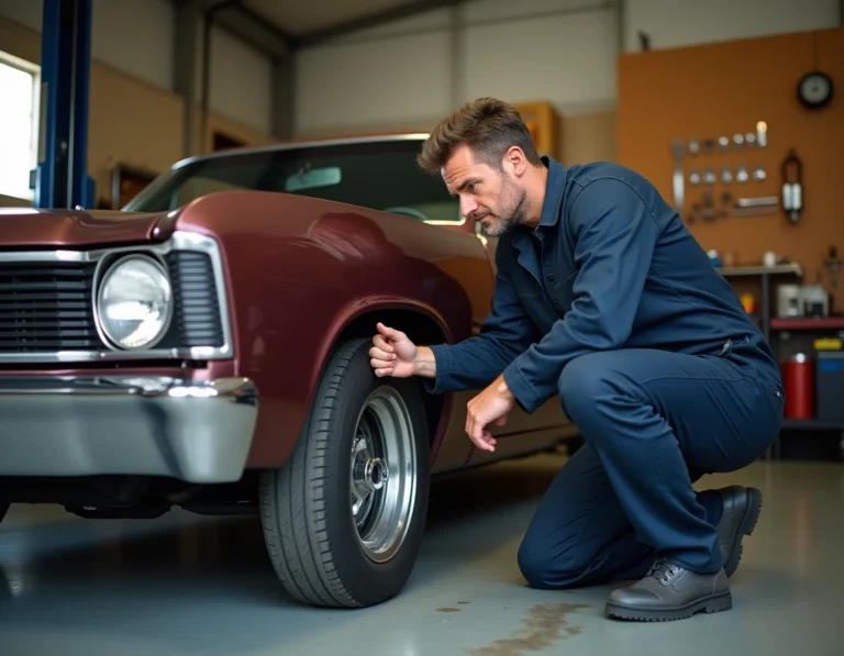Passionné d'automobile inspectant une muscle car restaurée dans un garage atelier