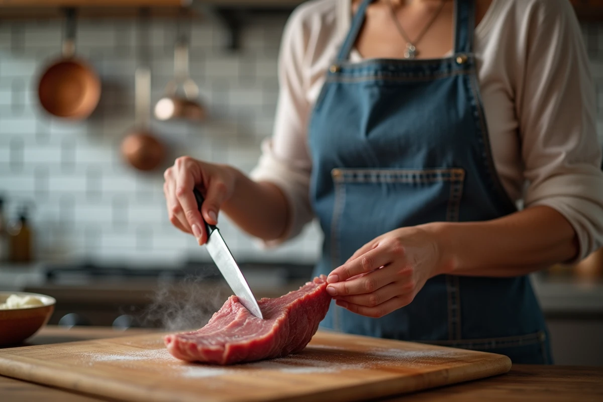 Femme en tablier qui pèle une langue de bœuf cuite à la vapeur sur une planche en bois dans une cuisine maison