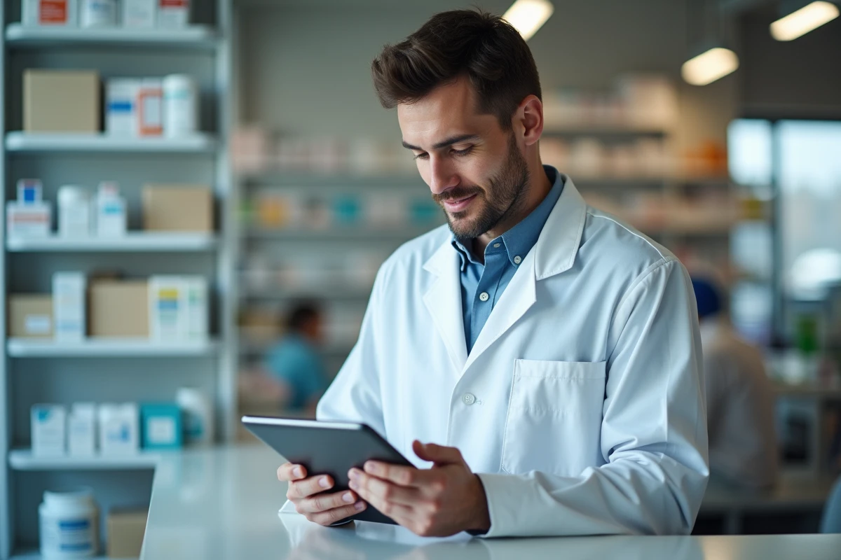 Pharmacien consultant un portail professionnel de santé sur une tablette numérique derrière le comptoir d'une pharmacie