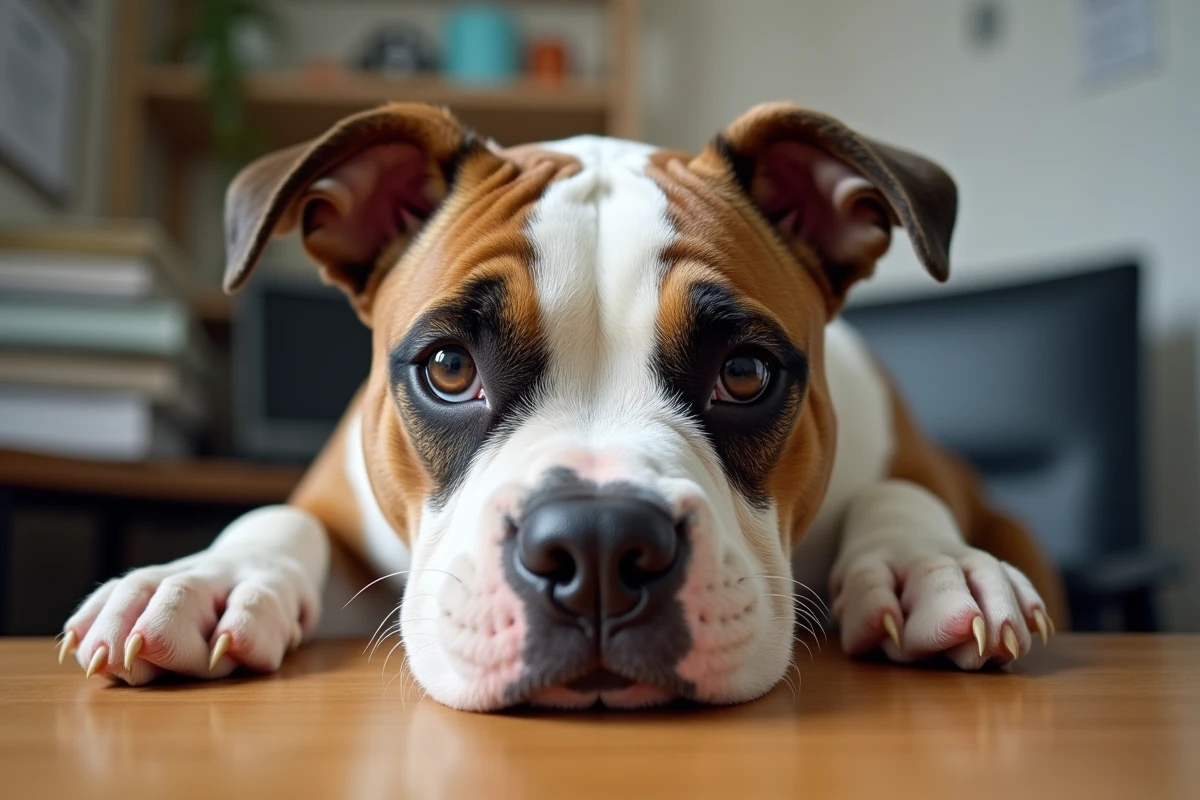 Portrait rapproché d'un Pocket American Bully tricolore appuyé sur une table dans un bureau, évoquant une adoption responsable