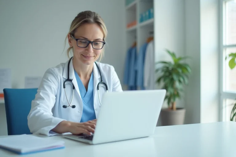 Professionnelle de santé connectée à une plateforme de gestion médicale sur son ordinateur portable dans un cabinet médical