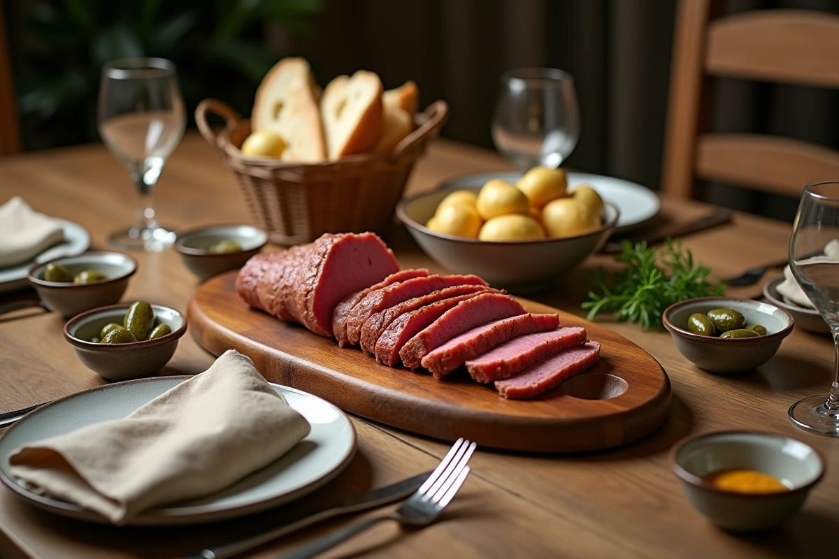 Repas convivial avec langue de bœuf tranchée sur planche en bois entourée de cornichons et pommes de terre