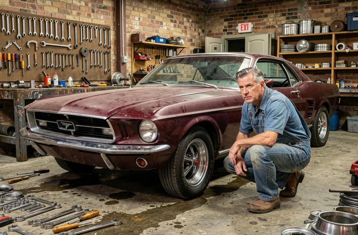 Restauration d'une Ford Mustang 1965 bordeaux dans un atelier de mécanique vintage avec outils anciens