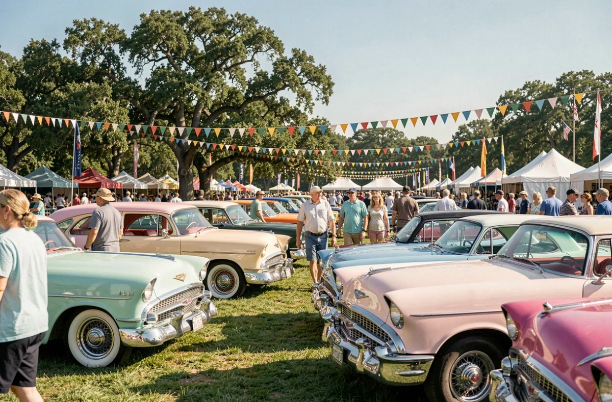 Rassemblement de voitures anciennes des années 1950 lors d'un salon rétro en plein air sous le soleil