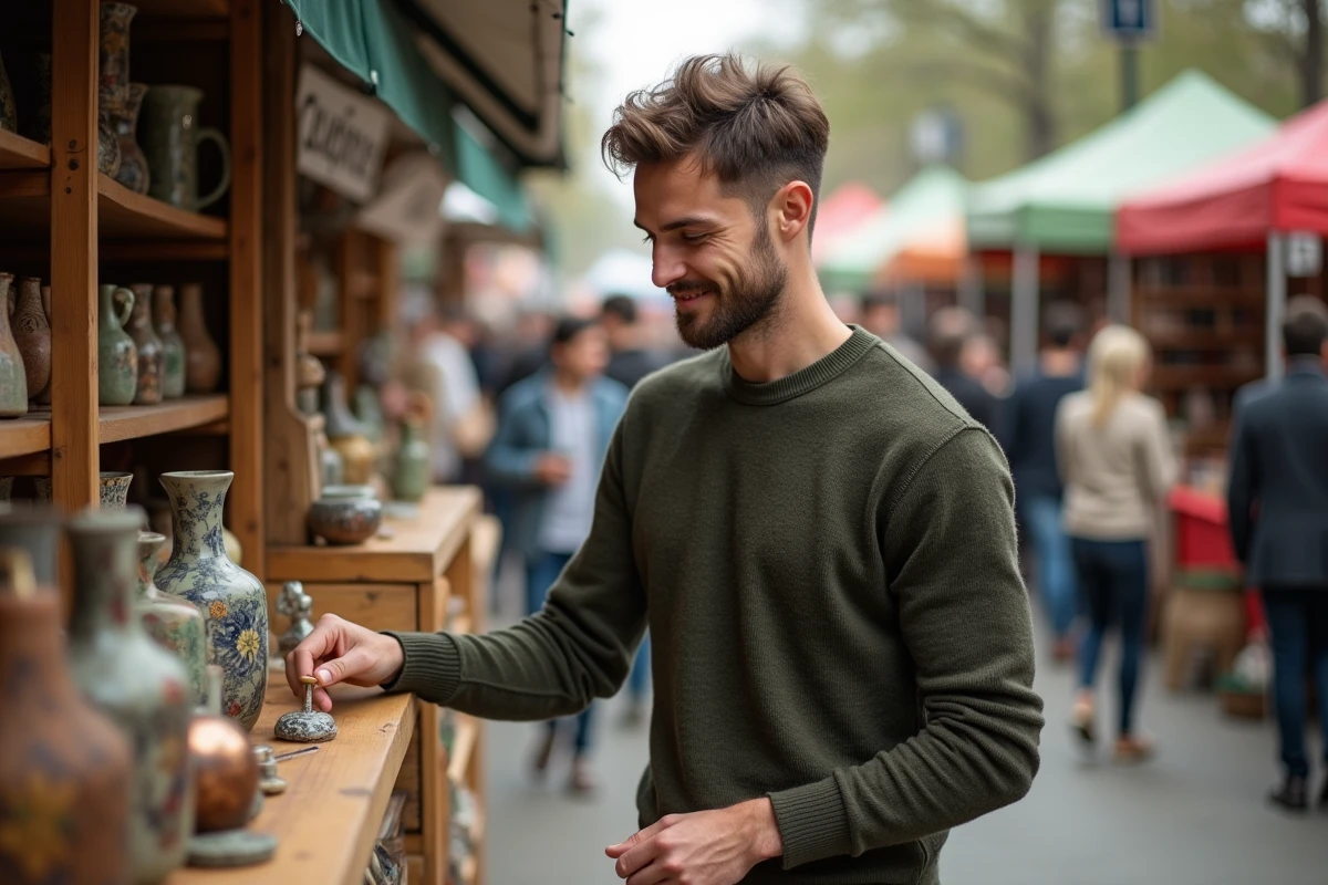 Homme parcourant des objets tendances et originaux sur un marché vintage en plein air