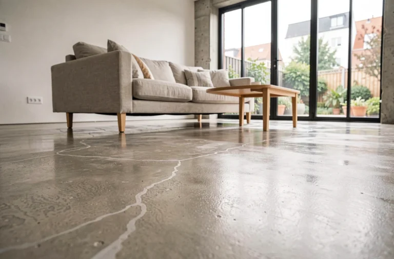 Sol en béton ciré greige poli dans un salon moderne minimaliste aux lignes épurées et mobilier scandinave