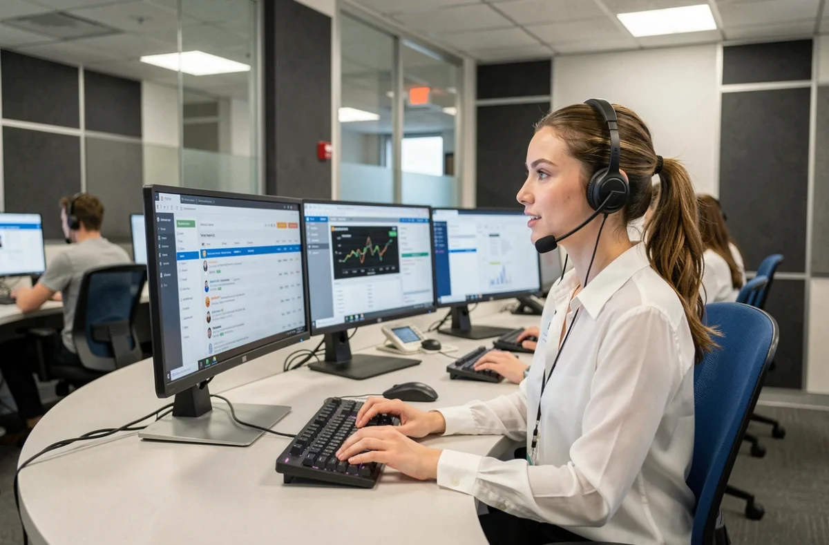 Technicienne support informatique en entreprise avec casque et plusieurs écrans de monitoring